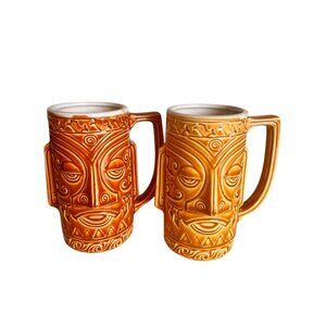 2 Tiki Face Ceramic Mugs Orange Polynesian Funny Party 16 oz